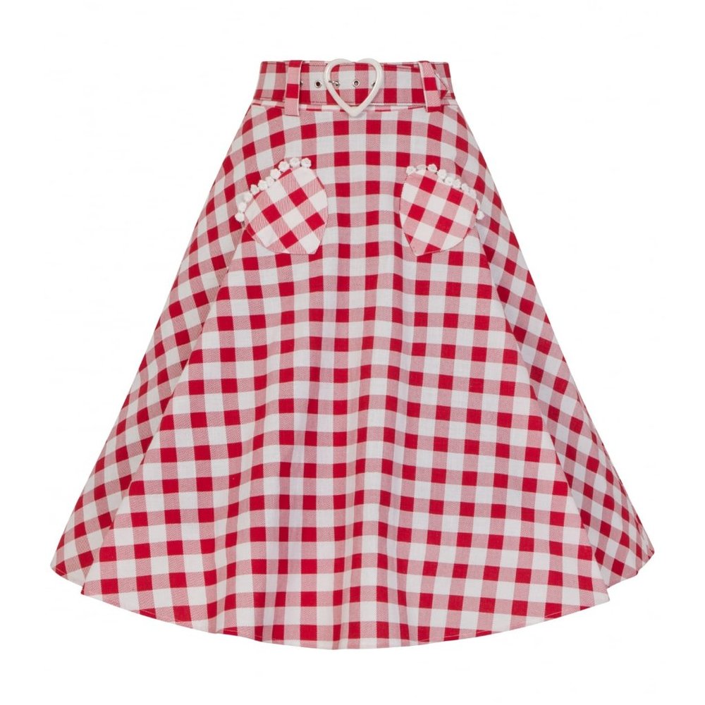Collectif 50s Violetta Hearts Gingham Swing Skirt in Red with belt